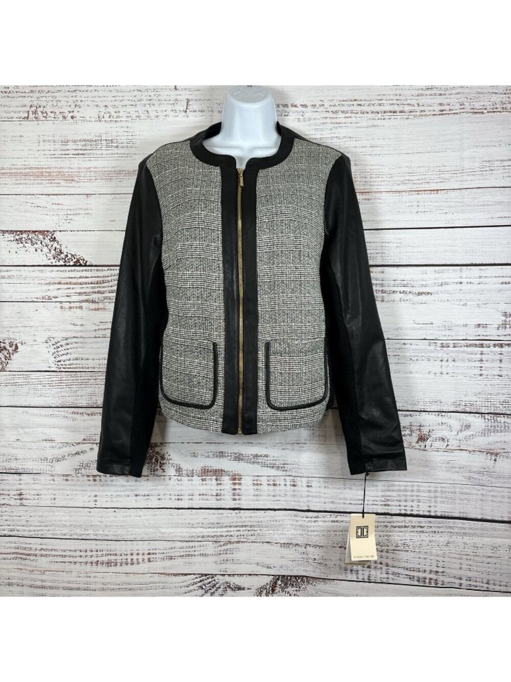 Ivanka Trump Black White Tweed Zipper Faux Leather Moto Jacket